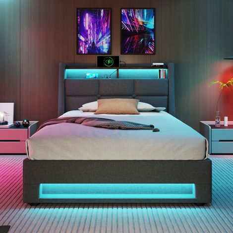 Lit simple rembourré 90x200 avec LED USB sommier lattes métal (1/5)