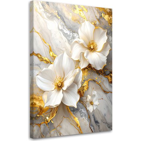 Cuadro en Lienzo Magnolias blancas con delicados dorados sobre un fondo marmóreo claro 20x30 (1/5)