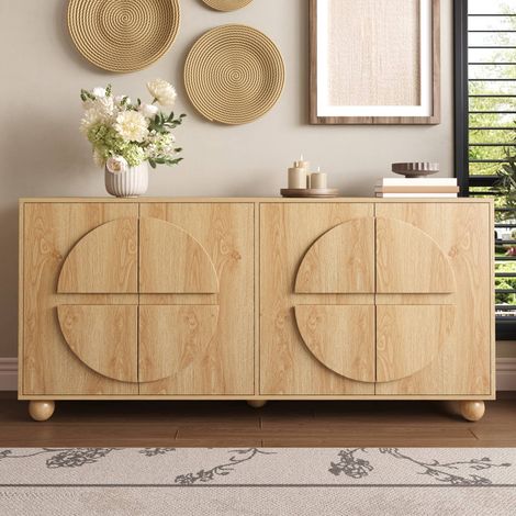 Buffet bas 160 x 38 x 76 cm, meuble de rangement 4 portes motif cercle en relief, étagères réglables, en MDF et pin, Naturel (1/5)