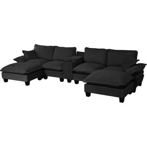 Modulares U-Sofa aus schwarzem Chenille mit USB, Becherhaltern, Stauraum, 2 Hockern (1/5)