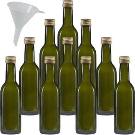 10 bouteilles en verre vertes de 250 ml, bouteilles d'huile avec bouchon à vis avec entonnoir. (1/5)