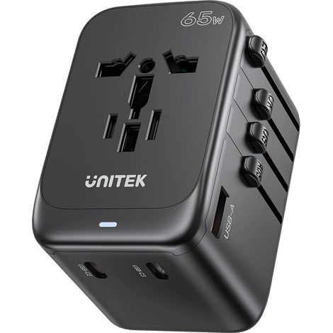 Chargeur secteur - Adaptateur de voyage universel Unitek 65 W (P1122ABK01)  1 port USB-A, 3 ports USB-C, 1 prise secteur (1/5)