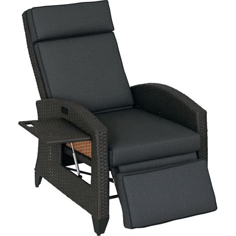 Outdoor Recliner Chair with Adjustable Backrest and Footrest, Cushion, Side Tray, Dark Grey/Brown