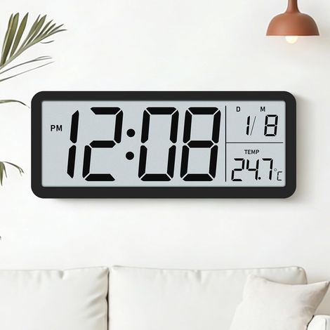 Grande horloge murale numérique : horloge murale moderne avec affichage de la température, fonctionne sur piles, rétroéclairée, 12/24 HR, 30 cm Horloge murale numérique pour salon, chambre