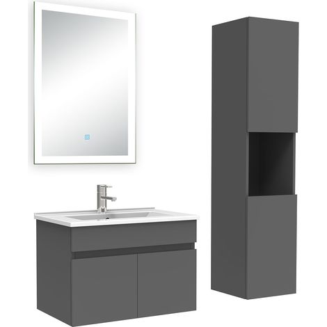 Ocean Ensemble meuble Salle de Bain 60cm avec vasque + colonne + miroir lumineux dimmable anthracite