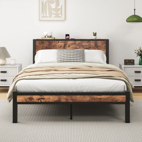 Lit double-plateforme métal avec tête de lit rangement-vintage brun-silencieux-sans sommier-Sans Matelas-140x208x90(cm) (1/5)