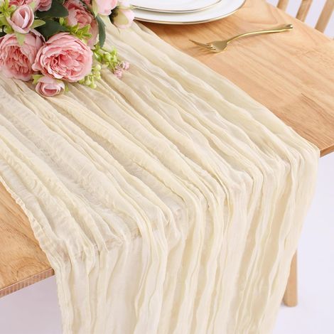 13FT Beige Cheesecloth Chemin De Table 90x400cm Long Boho Rustique Gaze Chemins De Table Cheese Cloth pour Mariage Fête Nuptiale Baby Shower Anniversaire Dîner Table Décorations De Fêtes (1/5)