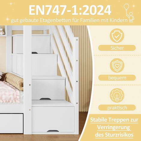 Lit superposé enfant sans matelas, 90x200 cm, blanc, avec tiroir, étagère, armoire et rangement intégré, meuble chambre pratique. (1/5)