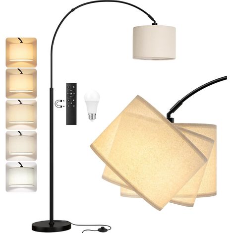 Lampadaire sur Pied Salon, LED E27 Lampe a Pied avec Télécommande, Lampadaire Arc Vintage, 3000K-6000K Intensité Variable pour Salon Chambre Bureau, Abat-jour Beige et Socle Noir, 180cm (1/5)