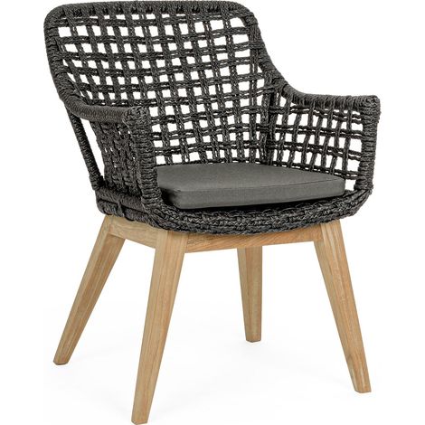 Poltrona ''Madison'' per giardino e veranda in legno con corda intrecciata -Nero / Confezione da 2 pezzi
