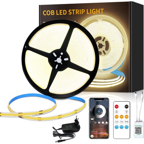 Ruban LED 15M avec Télécommande Contrôle APP DC24V 3000K Blanc Chaud Bande LED COB Flexible Dimmable Convient pour Chambre, Armoire, DIY Décoration (1/5)