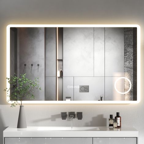 Miroir LED Premium 120x70 cm avec Horloge Digitale et Thermomètre - Zone Grossissante 3X - Anti-buée - 120 LEDs/m - Design Moderne Tactile - AquaWise