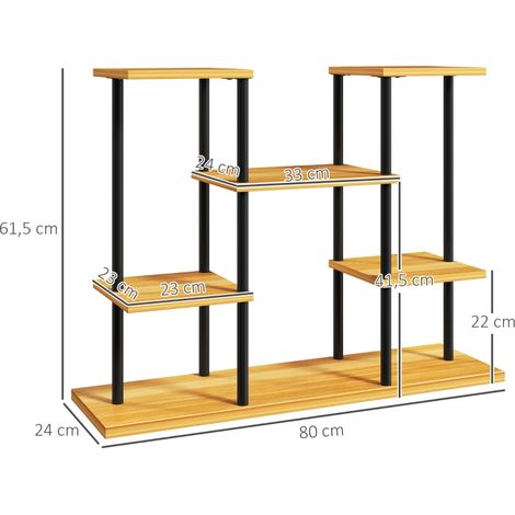 Support plantes intérieur étagère plante à 6 niveaux cadre en acier base bois massif 80 x 24 x 61,5 cm bois naturel (1/4)