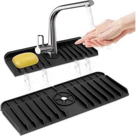 Pare-éclaboussures - Cuisine - Silicone - Noir - Tapis de Collecte d'eau - Support de Tapis de séchage (1/4)