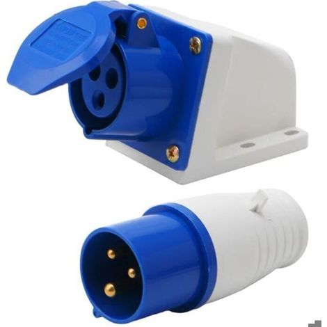 Prise étanche 16 A – 3 broches 2P+E – 220 à 250 V, IP44 – 13,2 x 7,7 x 6,9 cm – Bleue (1/4)