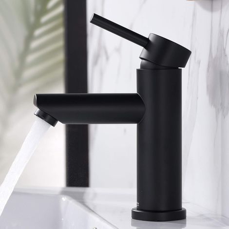 Robinet de salle de bain monotrou, mitigeur de lavabo en acier inoxydable noir mat (noir mat), avec flexible de sécurité antidéflagrant de 80 cm. (1/5)