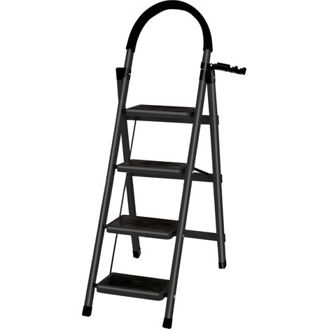 Professionelle 4-stufige Klapptrittleiter, Klapptrittleiter mit rutschfester und breiter Stufe, mit Griff, Sicherheit – Ideal für Bau, Malerarbeiten und Renovierung – Schwarz (1/5)