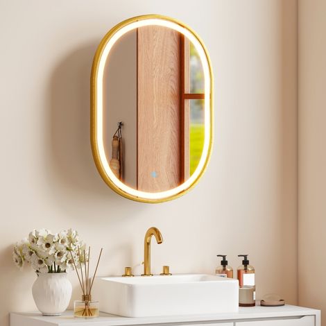 Badezimmerschrank mit Spiegel und 3-farbiger LED-Beleuchtung, ovaler Wandschrank mit Memory-Funktion und Antibeschlagbeschichtung, Gold