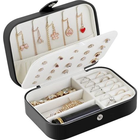 Boîte à bijoux de voyage, petite boîte de rangement pour bagues, boucles d'oreilles, colliers et bracelets, coffret cadeau en similicuir noir pour filles (1/3)