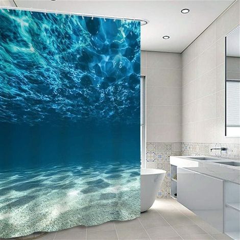 Rideau de douche bleu anti-moisissure avec crochet tissu rideau de douche salle de bain rideau de douche monde sous-marin 180cmx180cm (1/4)