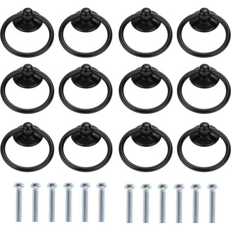 Set mit 12 runden Schubladen- oder Schrankgriffen – Vintage-Stil – Einlochmontage – Schwarz (1/5)