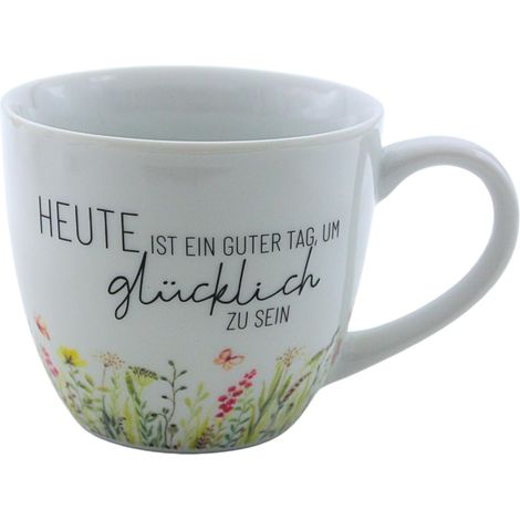 Tasse à café Maxi XXL en Porcelaine, Pot à café XXL, Motif Prairie, Aujourd'hui est Un Bon Jour pour être Heureux, Taille H x Ø : 9,2 x 10,5 cm, capacité 400 ML, Passe au Lave-Vaisselle. (1/5)