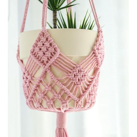 Hangende plantenbak met patronen, 2 stuks macramé-plantenhangers voor binnen, geschikt voor potten tot 20 cm, gehaakte boho-plantenhanger voor binnen en buiten met 2 S-vormige roestvrijstalen haken (p (1/5)