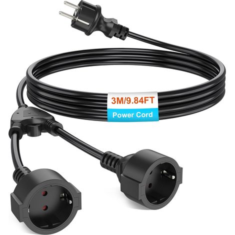 Rallonge électrique avec 2 prises Schuko - Rallonge 3 m - Protection contre le contact intérieur - IP20 - 1 mm² - 250 V - 16 A - 3680 W - Noir (1/5)
