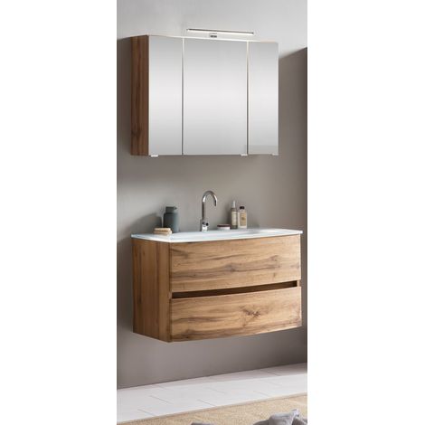 Badezimmer Waschtisch Set in Wotaneiche Nb. LAURIA-03 mit Spiegelschrank 80 cm inkl. Beleuchtung, BxHxT: ca. 80x200x49 cm (1/5)
