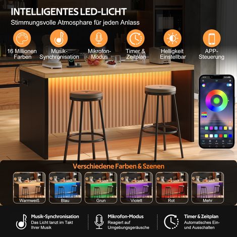 155x80x90cm – Isla de cocina con aspecto de madera, paneles laterales negros, iluminación LED, 2 enchufes, 2 puertos USB, encimera de 40 mm. Isla de cocina moderna de diseño industrial, ideal para apa (1/5)