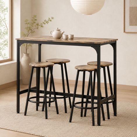 Set tavolo bar con 4 sgabelli, 110 x 50 x 89,5 cm, MDF e metallo, marrone e nero REDOM (1/5)