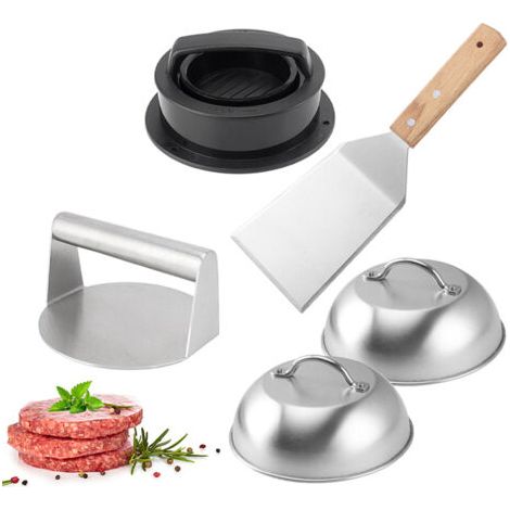 Presse à hamburgers en acier inoxydable, ensemble de grillades en métal avec manche en bois, compatible lave-vaisselle, pour cuire des steaks hachés, écraser la viande et faire fondre le fromage (1/5)