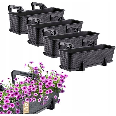 Kadax – Balconnière pot de fleurs 60 cm en plastique rotin – Résistante aux UV – Système de drainage inclus – Lot de 4 supports