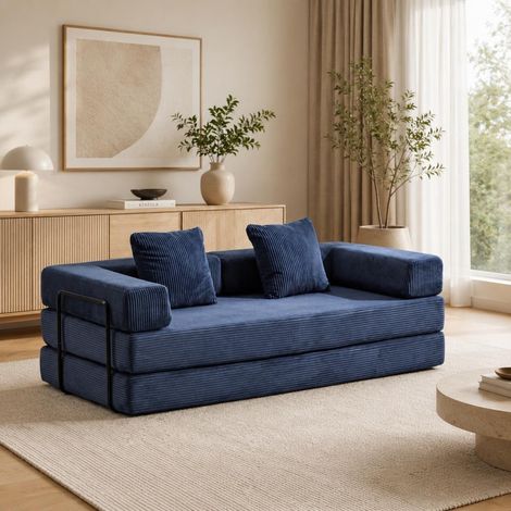 Canapé-lit compressible Corduroy bleu foncé,3-en-1 Pas d'assemblage nécessaire Canapé de plancher pliable,Canapé Loveseat pour les petits espaces du salon (1/5)