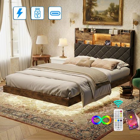 Bett 140x200 cm aus Massivholz, schwebendes Bett mit Kopfteil und verstecktem Stauraum, LED-Beleuchtung, Lattenrost, Metallrahmen – Natur