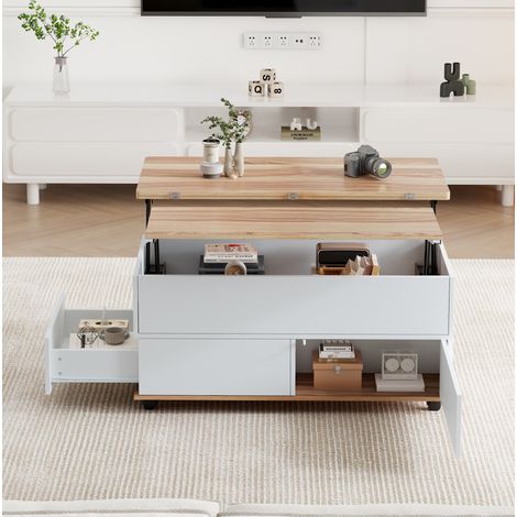Höhenverstellbarer Couchtisch 100 x 98 x 65 cm mit Stauraum und Rollen Weiß OKMYHOME (1/5)