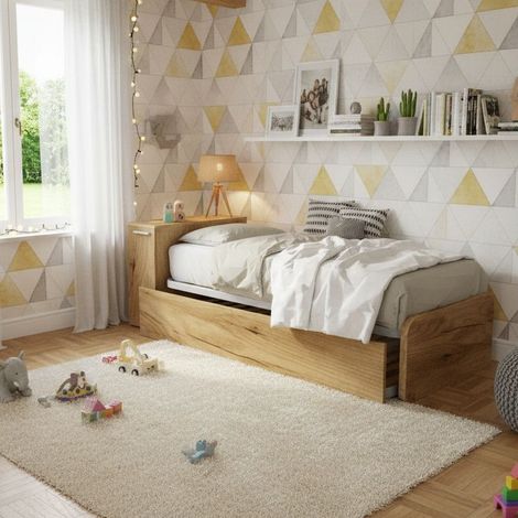 Letto singolo con secondo letto estraibile e testata testiera contenitiva - 80x190 - Quercia