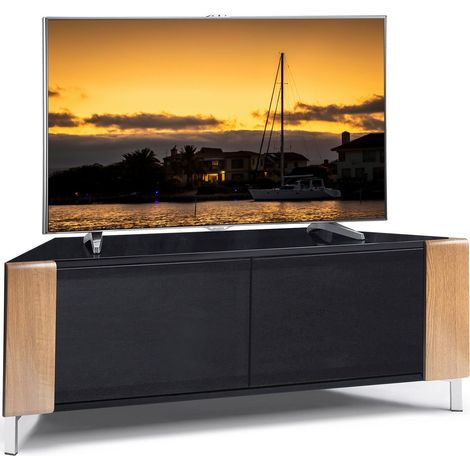 MDA Designs CORVUS Corner-Friendly Gloss Black Contemporary Cabinet with Oak Profiles Black BeamThru Glass Doors Suitable for Flat Screen TVs up to 50" (1/5)