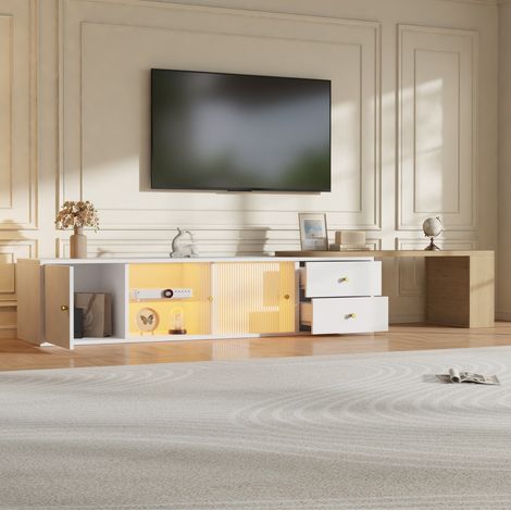 Mueble TV extensible 175 cm con LED, 2 cajones, puertas correderas de vidrio, blanco DESVIAE (1/5)