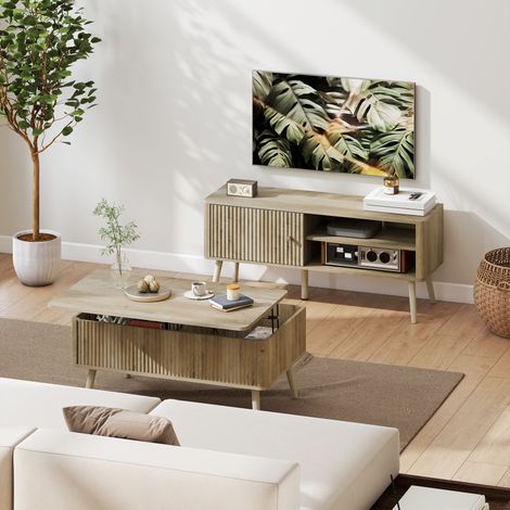 Table basse relevable 91x56x43 cm avec compartiments de rangement cachés et pieds en pin pour salon salle à manger en chêne