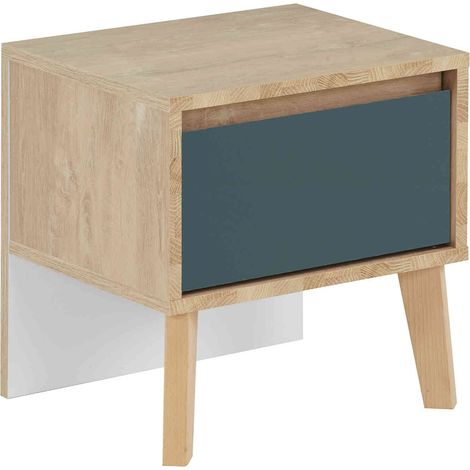 Chevet 1 tiroir en bois imitation chêne clair et bleu - CH5046 (1/2)