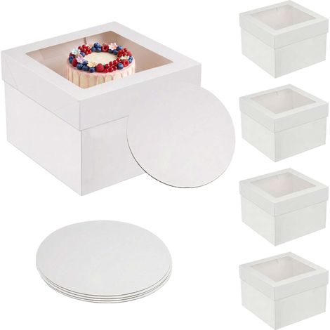 Relaxdays Tortenbox 5er Set, Fenster & Cakeboards, HBT: 20x30x30 cm, Tortenschachtel, Hochzeit & Catering, Karton, weiß (1/5)