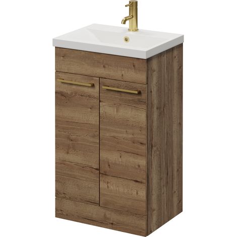 Napoli 390 Tobacco Oak 500mm 2 Door Vanity Unit with Glide Basin - 500mm - Brushed Brass 160mm Handle