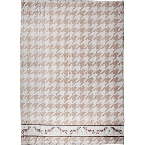 Plaid Couverture 130 x 170 cm Marron et Blanc en Polyester Motif Teckel Style Campagne - PANGIVO