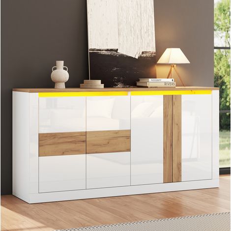 Aparador 140 x 35 x 70 cm con LED RGB, 4 puertas, MDF blanco y efecto roble OKMYHOME (1/5)