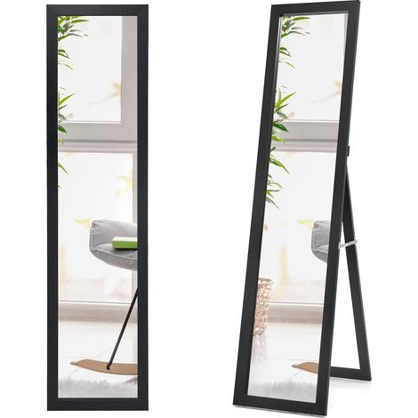 COSTWAY Miroir Pleine Longueur sur Pied, Grand Miroir avec Cadre en MDF 155 cm x 37 cm, Miroir de Plain Pied Rectangulaire pour Chambre, Salon et Entrée Noir (1/5)