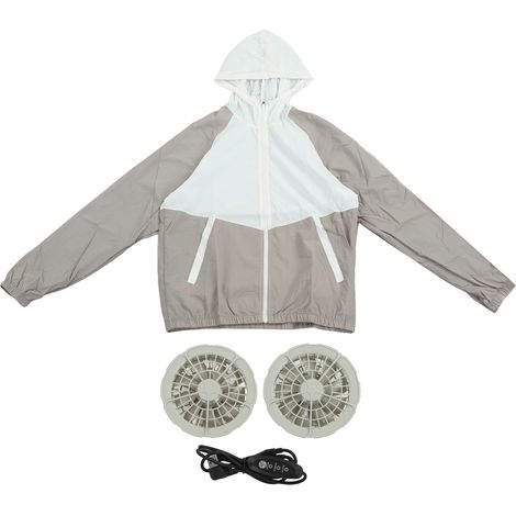 Veste de travail rafraîchissante blanc gris avec 2 ventilateurs réglables 3 niveaux, protection solaire anti-chaleur pour temps chaud extérieur. (1/5)