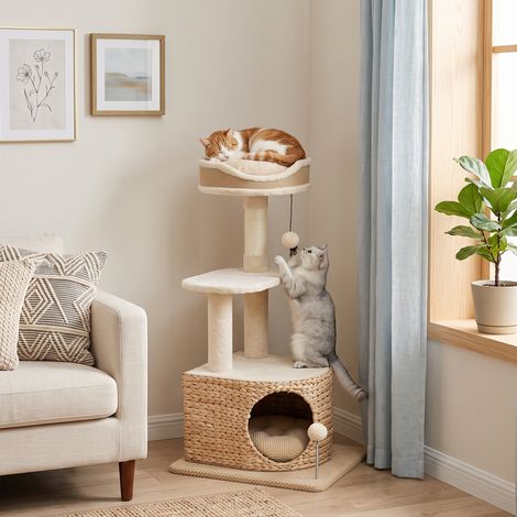 Arbre à Chat Design Moderne Style Tressé avec Griffoir 4 Niveaux Niche en Massette Perchoir en Jute 87 cm Beige (1/5)