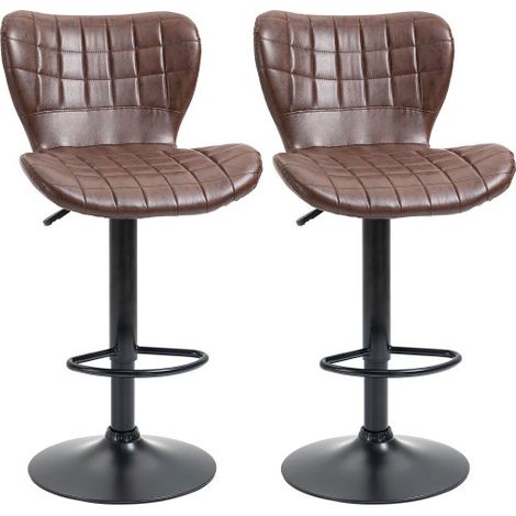 Adjustable Height Swivel Bar Stools Set of 2 in Brown PU Leather with Backrest and Footrest for Kitchen or Home Bar