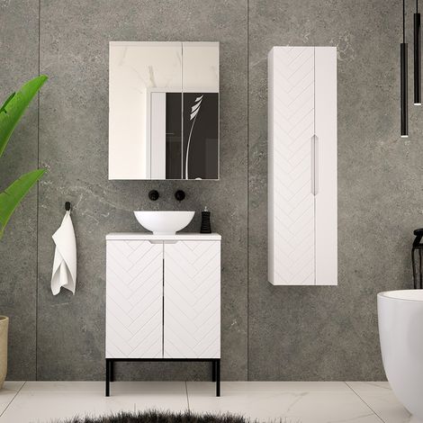 Badezimmer Komplett Set 3-teilig inkl. Waschtisch in weiß matt mit gefrästen Fronten ANGERA-140 (1/5)